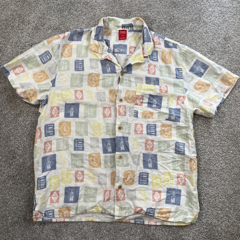 Lucky Brand Coca-Cola Shirt L Linen Button Front Short Sleeve Logo Print Allover